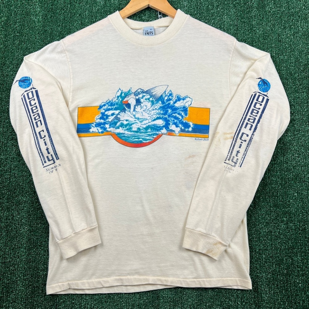 VTG The Knits Ocean City Summer 81 Surf Long Sleeve T-Shirt Mens XL Cream 80s